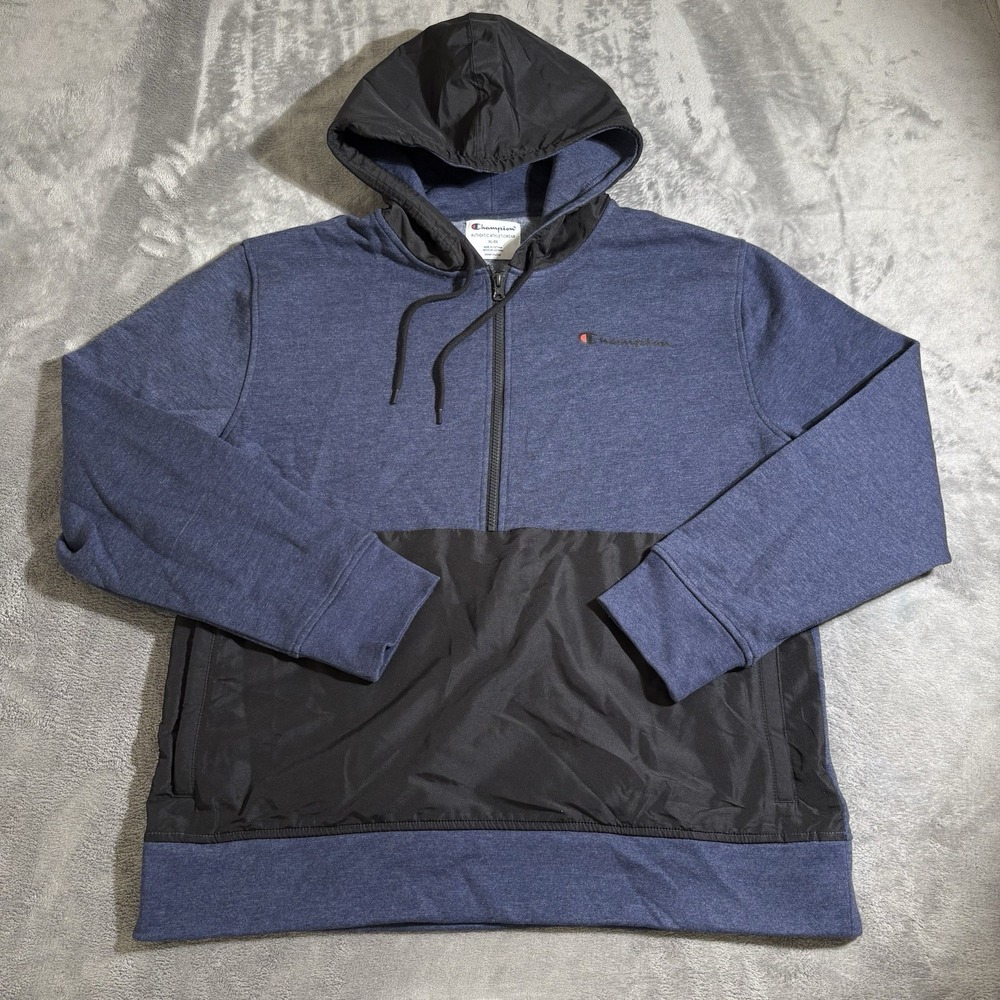 Champion Hoodie Adult XL Blue Black Woven Mix Half Zip Spellout Sweater Men